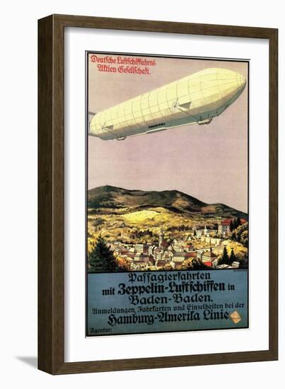 Baden-Baden, Germany - Luftschiff Zeppelin Airship over Town Poster-Lantern Press-Framed Art Print