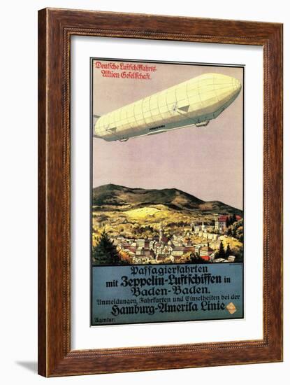 Baden-Baden, Germany - Luftschiff Zeppelin Airship over Town Poster-Lantern Press-Framed Art Print