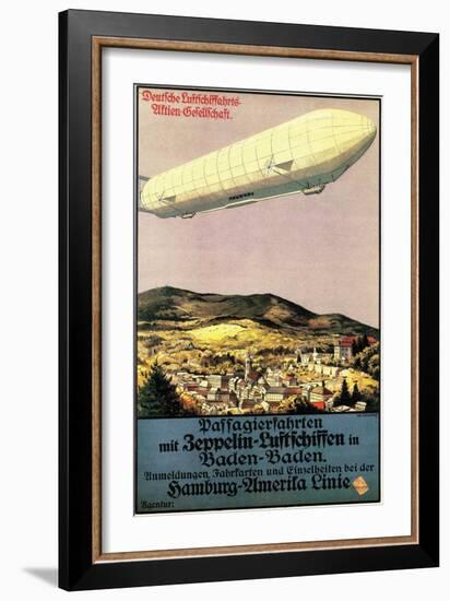 Baden-Baden, Germany - Luftschiff Zeppelin Airship over Town Poster-Lantern Press-Framed Art Print