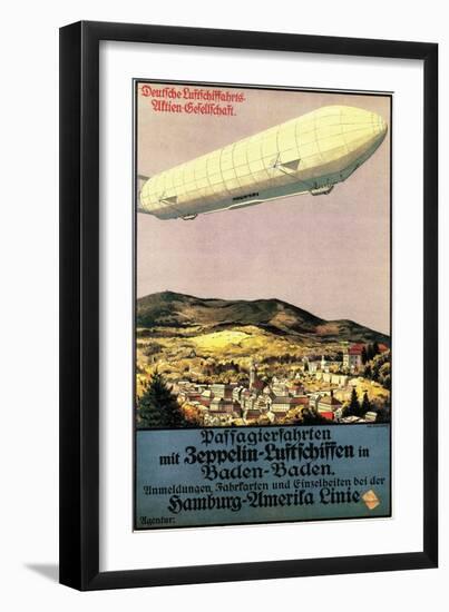 Baden-Baden, Germany - Luftschiff Zeppelin Airship over Town Poster-Lantern Press-Framed Art Print