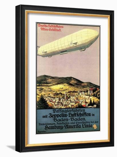 Baden-Baden, Germany - Luftschiff Zeppelin Airship over Town Poster-Lantern Press-Framed Art Print