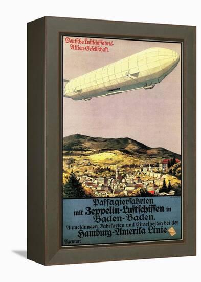 Baden-Baden, Germany - Luftschiff Zeppelin Airship over Town Poster-Lantern Press-Framed Stretched Canvas