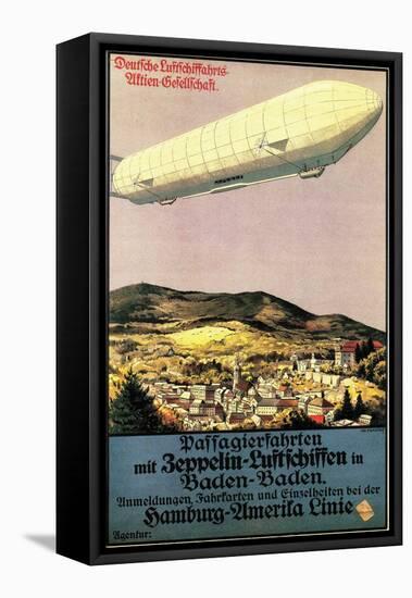 Baden-Baden, Germany - Luftschiff Zeppelin Airship over Town Poster-Lantern Press-Framed Stretched Canvas
