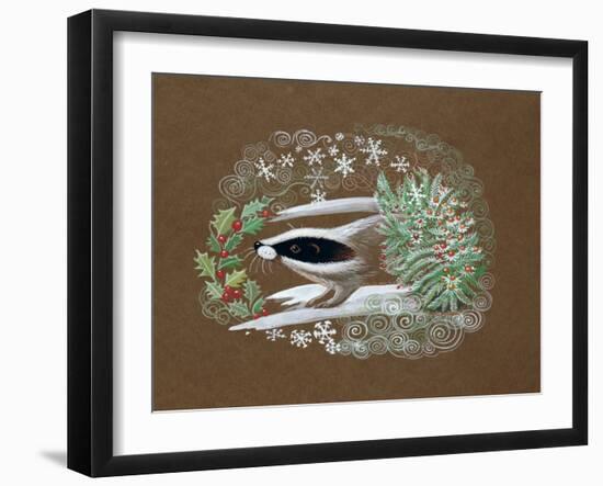 Badger in the Snow with Some Holly-Mike Alexander-Framed Giclee Print