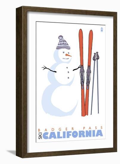 Badger Pass, California, Snowman with Skis-Lantern Press-Framed Art Print