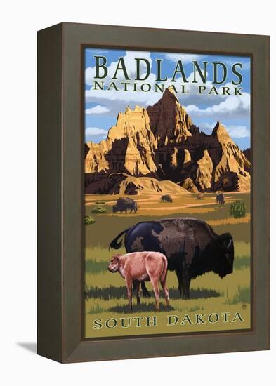 Badlands National Park, South Dakota - Bison Scene-Lantern Press-Framed Stretched Canvas