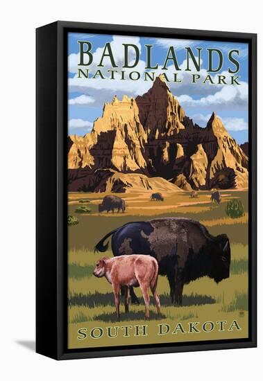 Badlands National Park, South Dakota - Bison Scene-Lantern Press-Framed Stretched Canvas