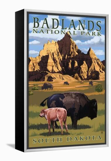 Badlands National Park, South Dakota - Bison Scene-Lantern Press-Framed Stretched Canvas