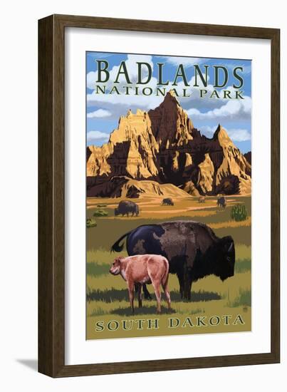 Badlands National Park, South Dakota - Bison Scene-Lantern Press-Framed Art Print