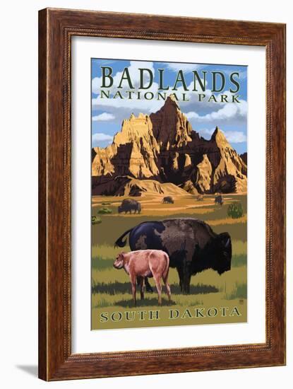 Badlands National Park, South Dakota - Bison Scene-Lantern Press-Framed Art Print