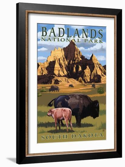 Badlands National Park, South Dakota - Bison Scene-Lantern Press-Framed Art Print