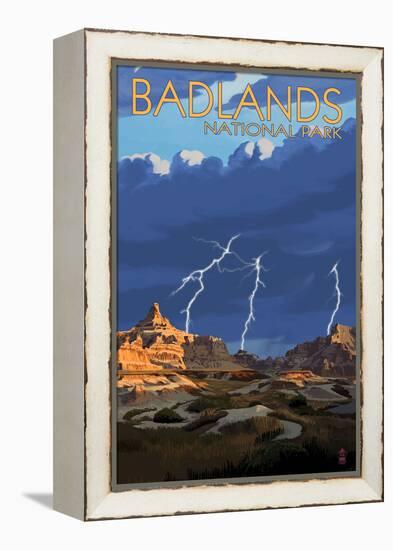 Badlands National Park, South Dakota - Lightning Storm-Lantern Press-Framed Stretched Canvas