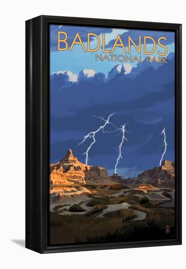 Badlands National Park, South Dakota - Lightning Storm-Lantern Press-Framed Stretched Canvas