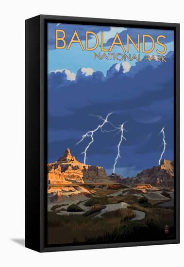 Badlands National Park, South Dakota - Lightning Storm-Lantern Press-Framed Stretched Canvas