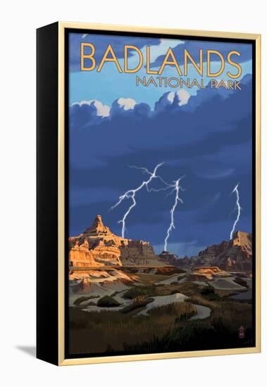 Badlands National Park, South Dakota - Lightning Storm-Lantern Press-Framed Stretched Canvas