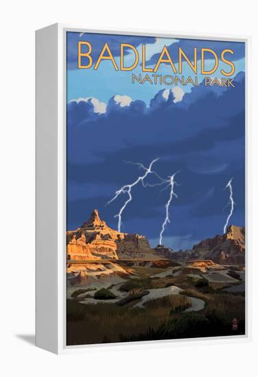 Badlands National Park, South Dakota - Lightning Storm-Lantern Press-Framed Stretched Canvas