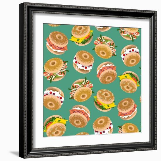 Bagels with Various Topping. Seamless Background Pattern. Vector Illustration-NGvozdeva-Framed Art Print