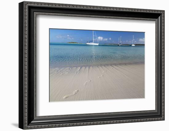 Bahamas, Exuma Island, Cays Land and Sea Park. Footprints and Sailboat-Don Paulson-Framed Photographic Print