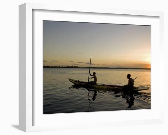 Bahia, Barra De Serinhaem, Fishermen Returning to Shore at Sunset in Thier Dug Out Canoe, Brazil-Mark Hannaford-Framed Photographic Print