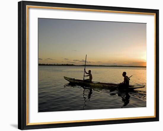 Bahia, Barra De Serinhaem, Fishermen Returning to Shore at Sunset in Thier Dug Out Canoe, Brazil-Mark Hannaford-Framed Photographic Print