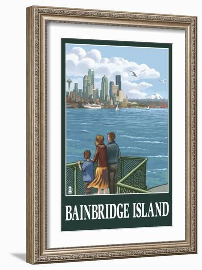 Bainbridge Island, WA - Ferry and Seattle-Lantern Press-Framed Art Print