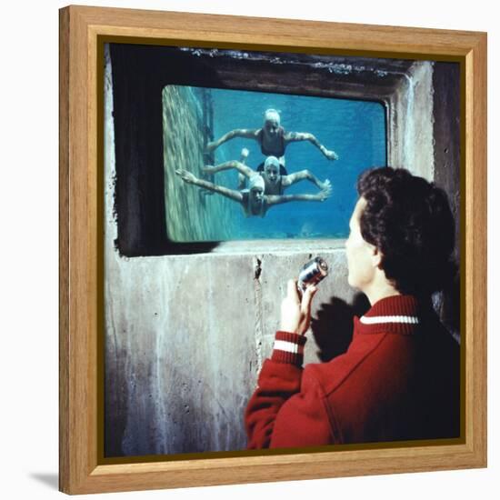 Bakersfield Junior College: Swimming Coach, Watching Student Swimmers Through Window in Pool Side-Ralph Crane-Framed Premier Image Canvas