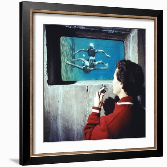 Bakersfield Junior College: Swimming Coach, Watching Student Swimmers Through Window in Pool Side-Ralph Crane-Framed Photographic Print