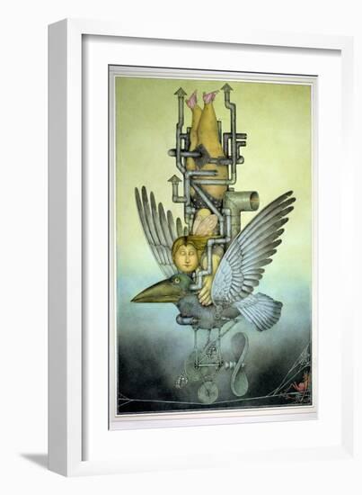 Balancing Girl on Mechanical Bird on Tightrope-Wayne Anderson-Framed Giclee Print