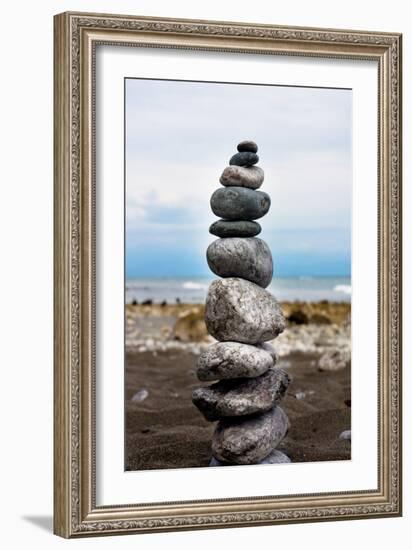 Balancing Rocks on Beach Photo Poster Print-null-Framed Art Print