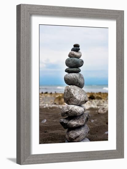Balancing Rocks on Beach Photo Poster Print-null-Framed Art Print