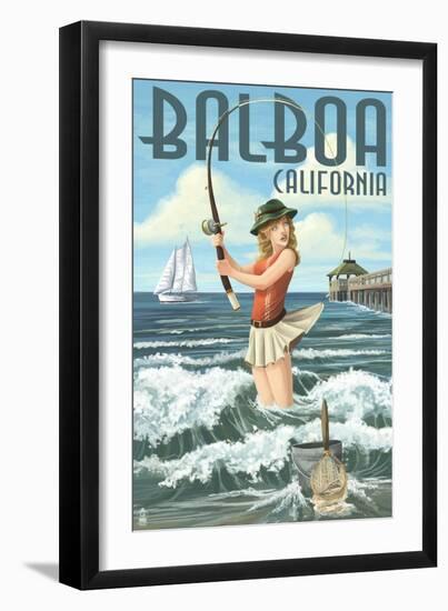 Balboa, California - Surf Fishing Pinup Girl-Lantern Press-Framed Art Print