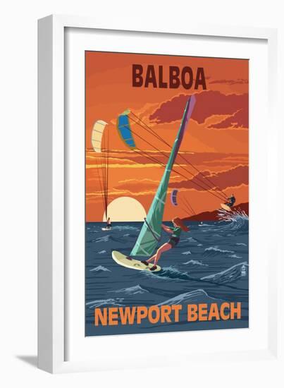 Balboa - Newport Beach, California - Windsurfers-Lantern Press-Framed Art Print