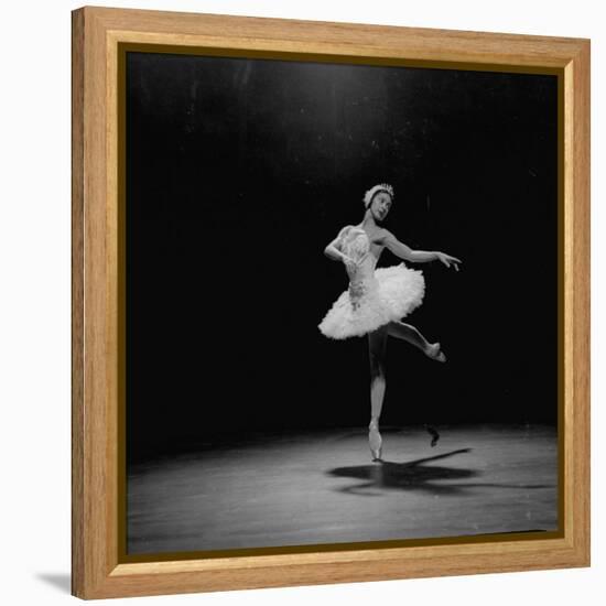 Ballerina Margot Fonteyn in White Costume Balanced on One Toe While Dancing Alone on Stage-Gjon Mili-Framed Premier Image Canvas