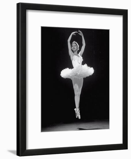 Ballerina Margot Fonteyn in White Costume Leaping into the Air While Dancing Alone on Stage-Gjon Mili-Framed Premium Photographic Print