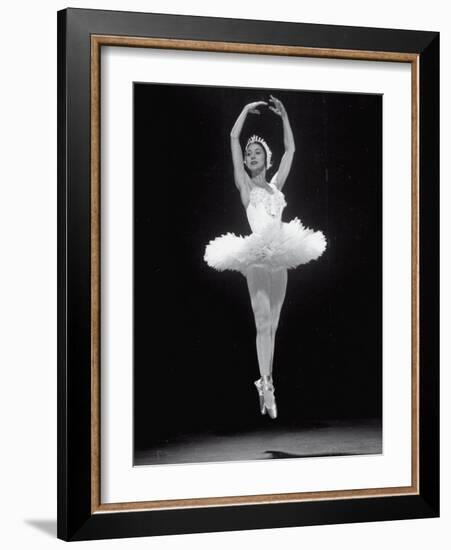 Ballerina Margot Fonteyn in White Costume Leaping into the Air While Dancing Alone on Stage-Gjon Mili-Framed Premium Photographic Print