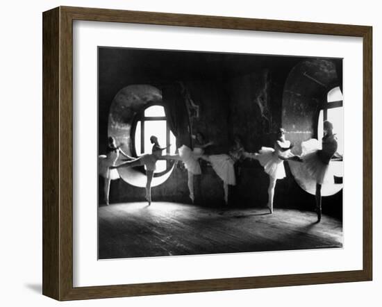 Ballerinas at Barre Against Round Windows During Rehearsal For "Swan Lake" at Grand Opera de Paris-Alfred Eisenstaedt-Framed Photographic Print