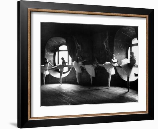 Ballerinas at Barre Against Round Windows During Rehearsal For "Swan Lake" at Grand Opera de Paris-Alfred Eisenstaedt-Framed Photographic Print