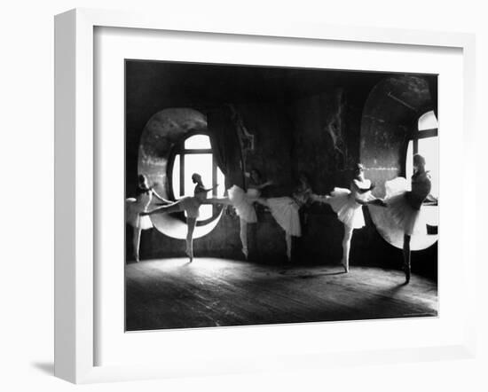 Ballerinas at Barre Against Round Windows During Rehearsal For "Swan Lake" at Grand Opera de Paris-Alfred Eisenstaedt-Framed Photographic Print
