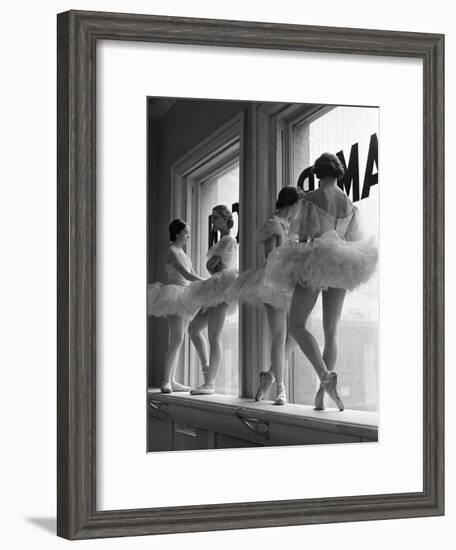 Ballerinas on Window Sill in Rehearsal Room at George Balanchine's School of American Ballet-Alfred Eisenstaedt-Framed Premium Photographic Print