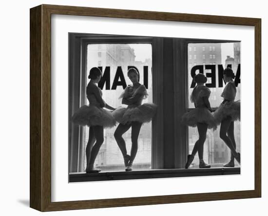 Ballerinas Standing on Window Sill in Rehearsal Room, George Balanchine's School of American Ballet-Alfred Eisenstaedt-Framed Premium Photographic Print