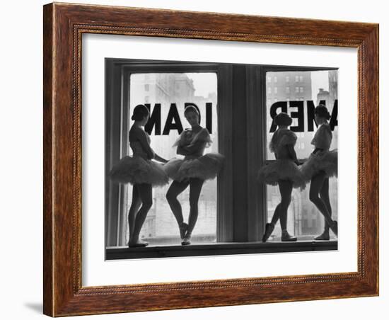 Ballerinas Standing on Window Sill in Rehearsal Room, George Balanchine's School of American Ballet-Alfred Eisenstaedt-Framed Premium Photographic Print