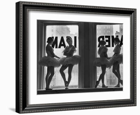 Ballerinas Standing on Window Sill in Rehearsal Room, George Balanchine's School of American Ballet-Alfred Eisenstaedt-Framed Premium Photographic Print