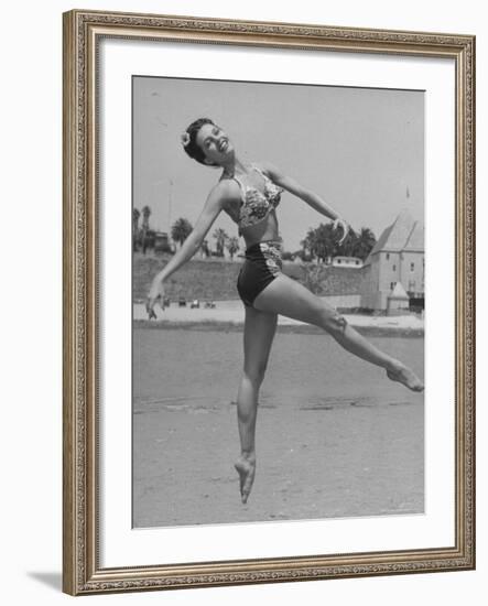 Ballet Dancer Cyd Charisse Who Aspires to be a Movie Star at Santa Monica Beach-Peter Stackpole-Framed Premium Photographic Print