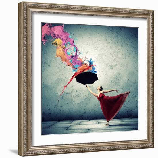 Ballet Dancer In Flying Satin Dress With Umbrella-Sergey Nivens-Framed Art Print