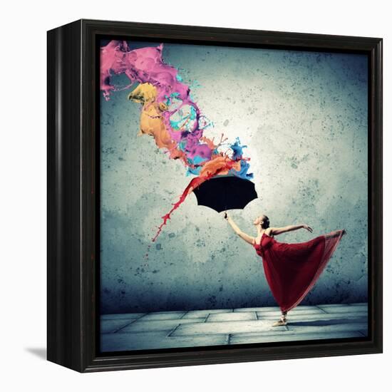 Ballet Dancer In Flying Satin Dress With Umbrella-Sergey Nivens-Framed Stretched Canvas