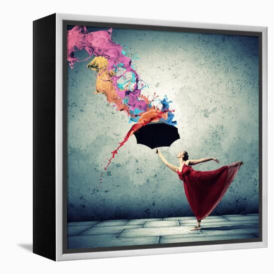 Ballet Dancer In Flying Satin Dress With Umbrella-Sergey Nivens-Framed Stretched Canvas