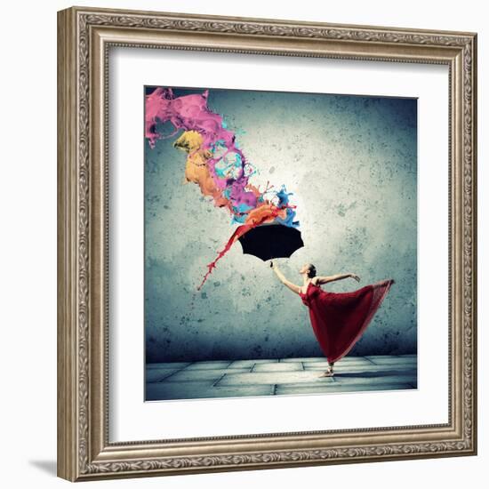 Ballet Dancer In Flying Satin Dress With Umbrella-Sergey Nivens-Framed Art Print