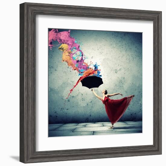 Ballet Dancer In Flying Satin Dress With Umbrella-Sergey Nivens-Framed Art Print