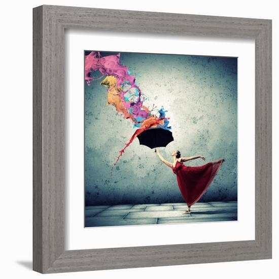 Ballet Dancer In Flying Satin Dress With Umbrella-Sergey Nivens-Framed Art Print