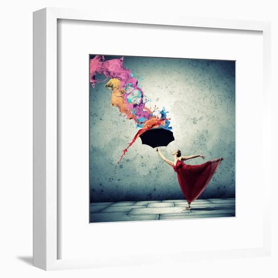 Ballet Dancer In Flying Satin Dress With Umbrella-Sergey Nivens-Framed Art Print